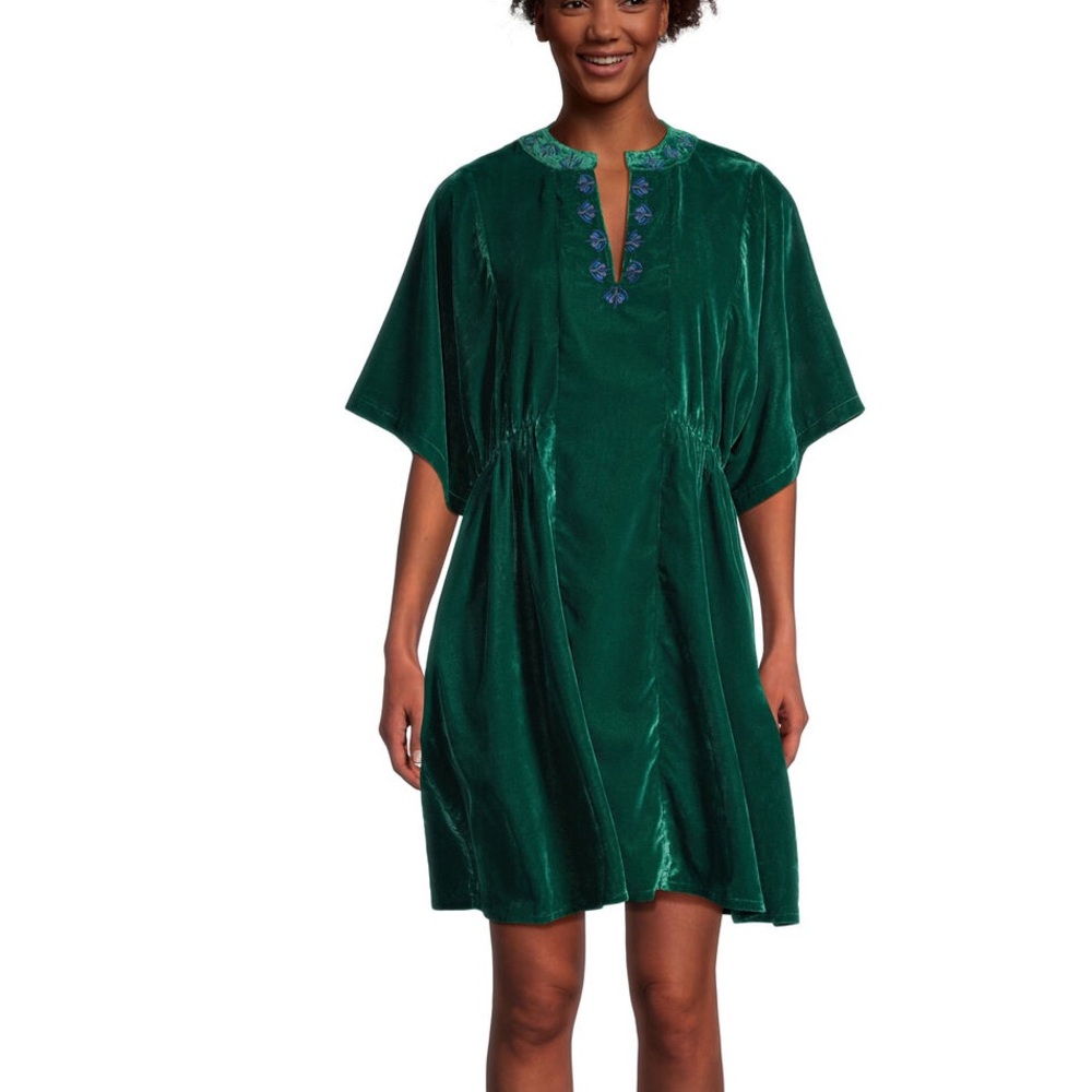 World Market Dahlia Embroidered Velvet Kaftan Dress Pockets